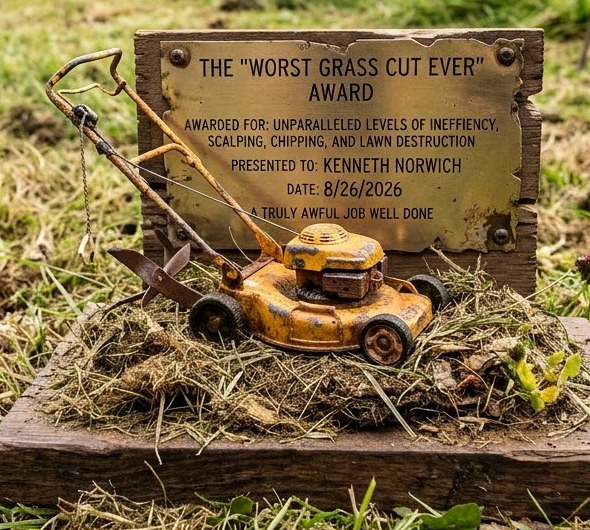 Close view of The Worst Grass Cut Ever award, with a brass plaque and miniature yellow lawn mower.