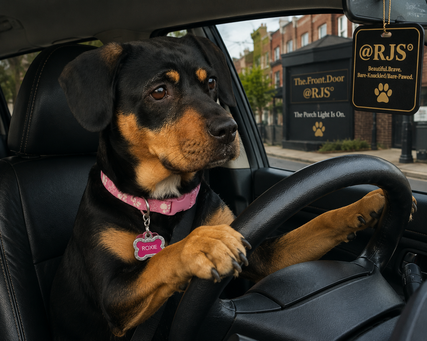 Roxie sitting behind the steering wheel with @RJS° details visible in the car and outside The.Front.Door.